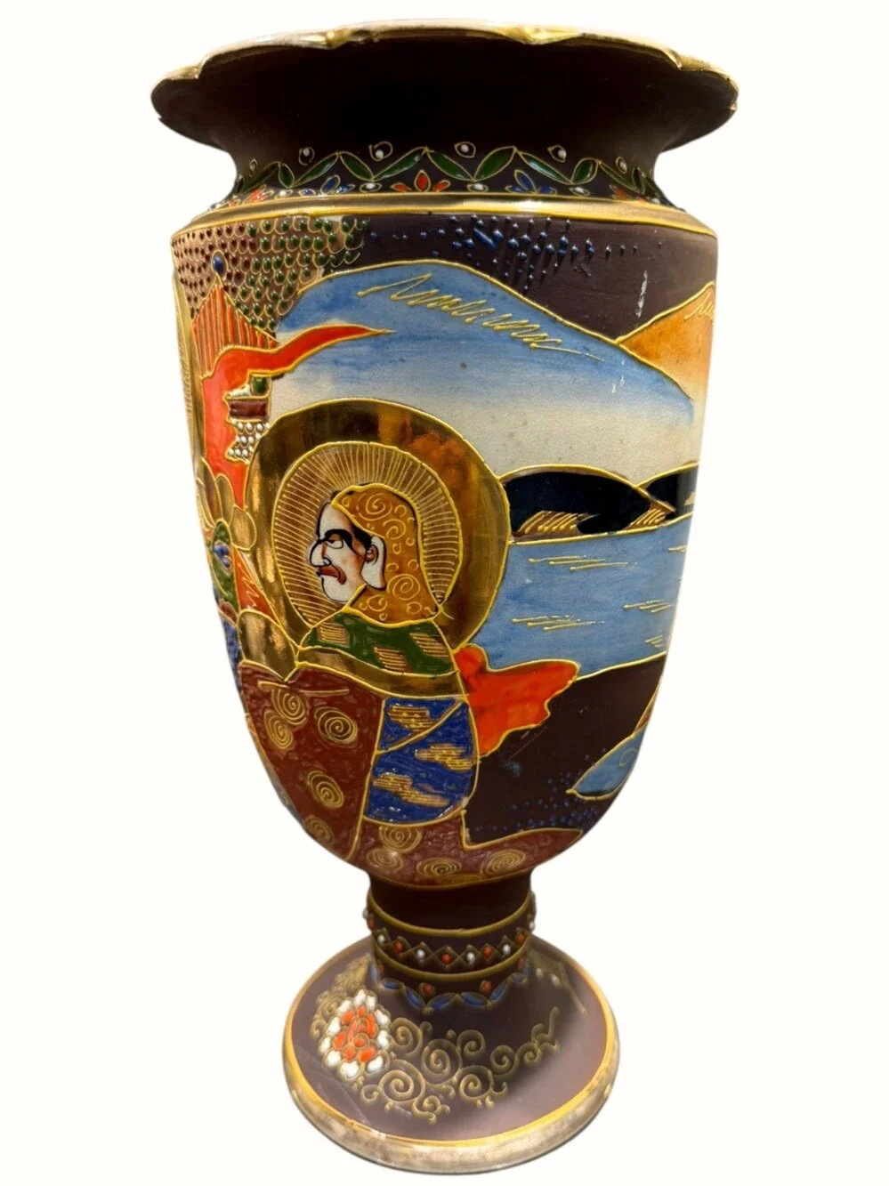 Vintage Japanese Satsuma Moriage Pedestal Vase Figural Gilt 12.25